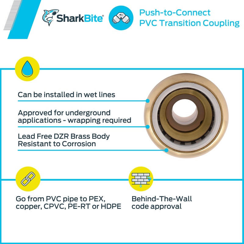 SharkBite 1/2 Inch CTS x 1/2 Inch PVC Transition Coupling, Push to Connect Brass Plumbing Fitting, PEX Pipe, Copper, CPVC, PE-RT, HDPE, UIP4008A - Image 4